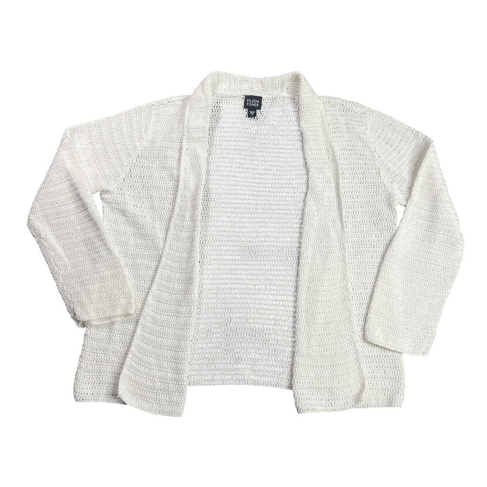 Eileen Fisher Women's Small White 100% Cotton Crochet Knit Open Front Cardigan